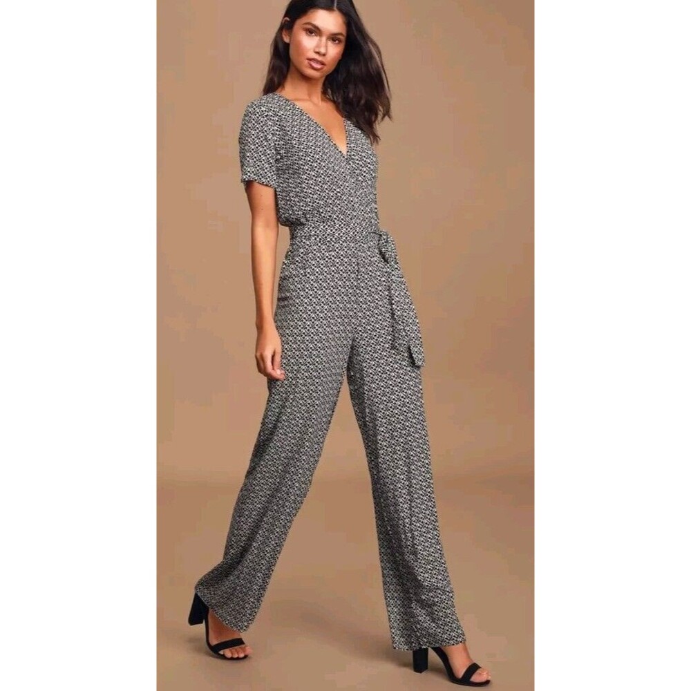 Lulus Black and White Wide Leg Jumpsuit Belted Surplice Law Of Attraction Large
